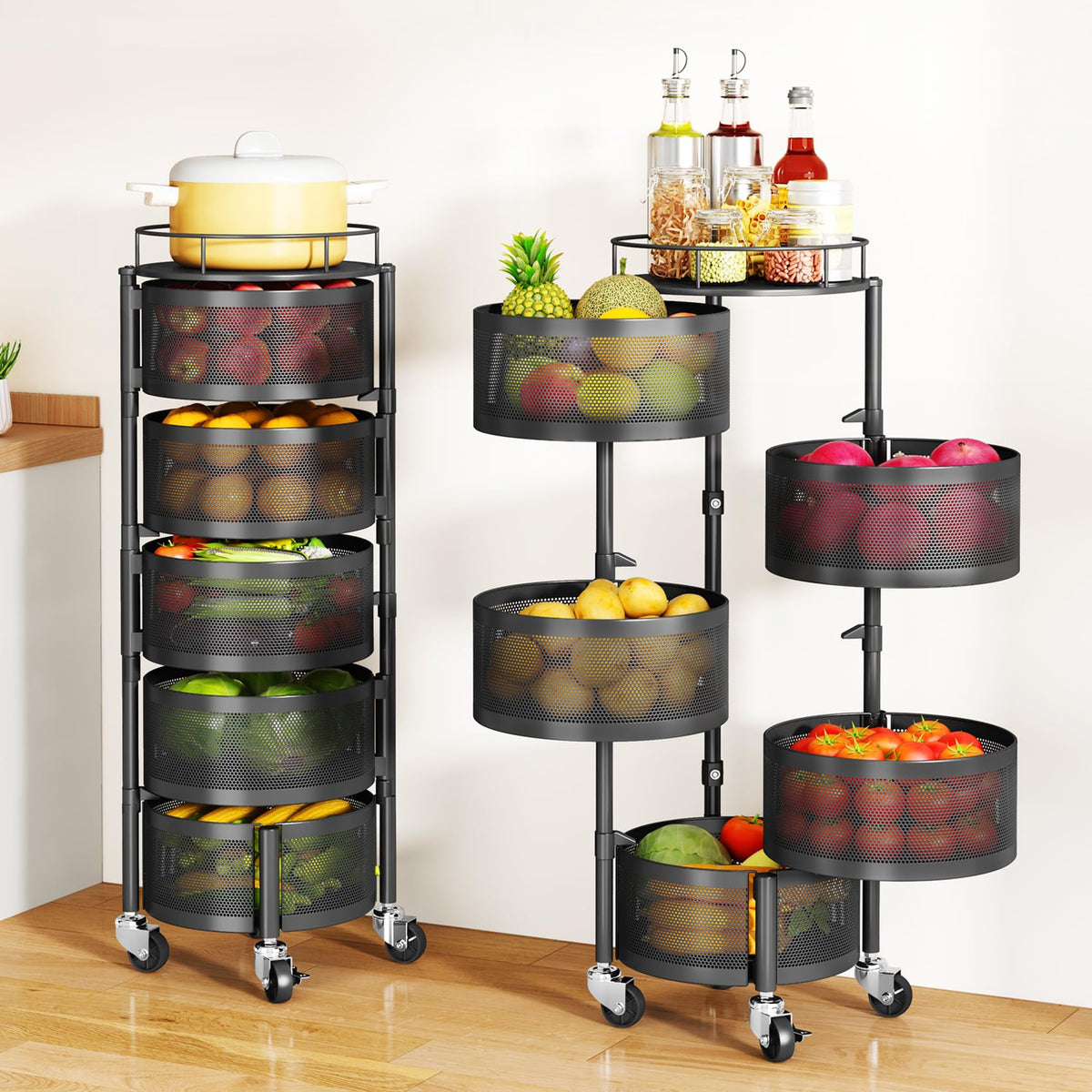 SAYZH 5 Tier Fruit Vegetable Basket Stand for Kitchen, Rotating, Black