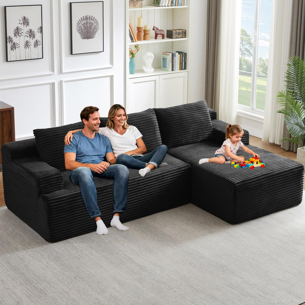 96" Modular Sectional Sofa Couches L-Shape Couch 3 Seat Modular Sofa Corduroy Memory Foam Sectional Boneless Couches for Living Room, Cloud Couch with Oversized Chaise(Black, Right Facing)