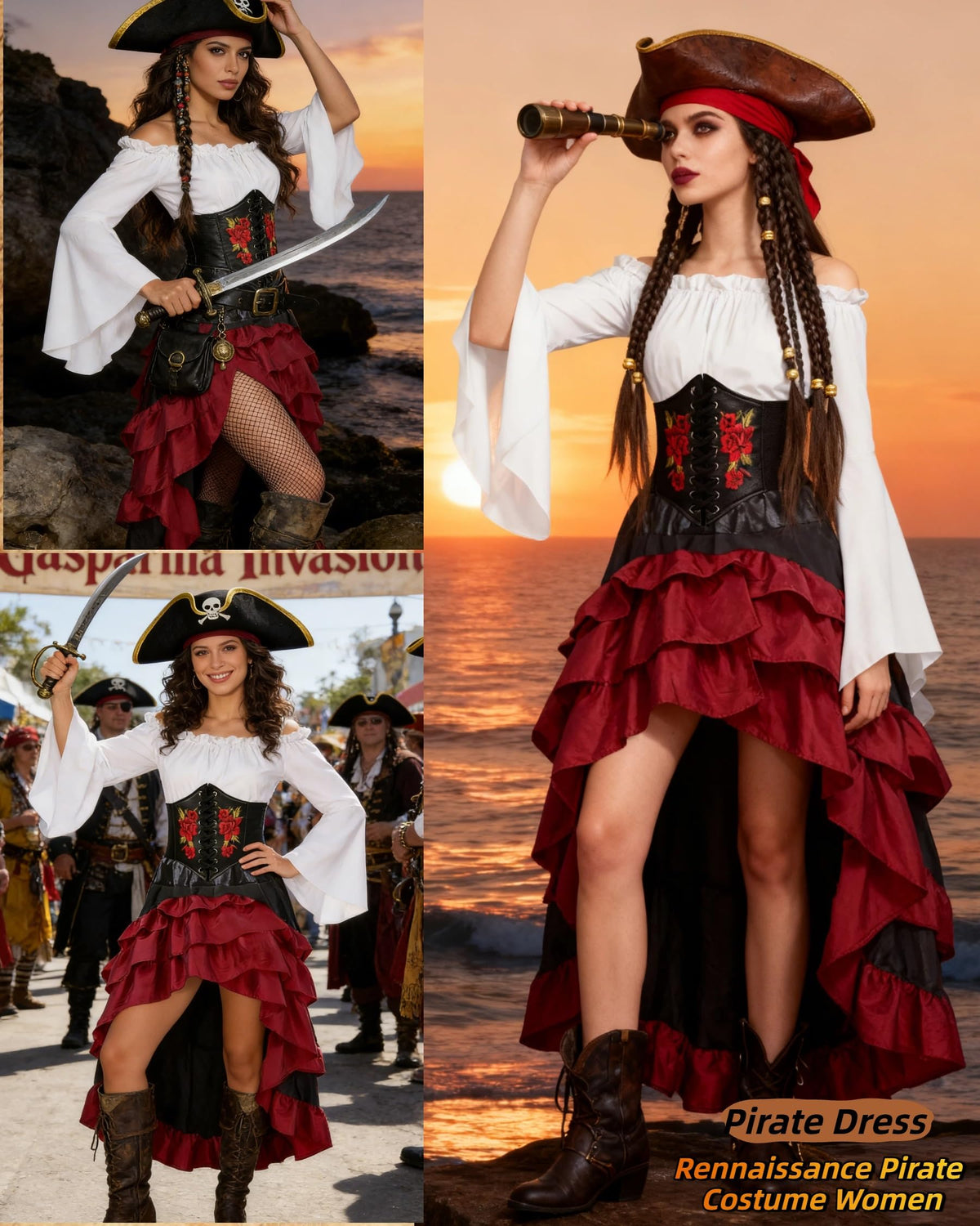 Women's Renaissance Pirate Wench Costume with Corset, Skirt & Blouse