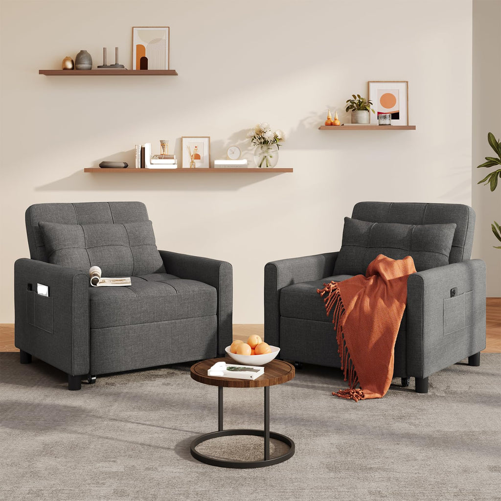 Ahomly Convertible Sofa Chair Bed, 3-in-1 Linen Pull Out Chair, Dark Gray