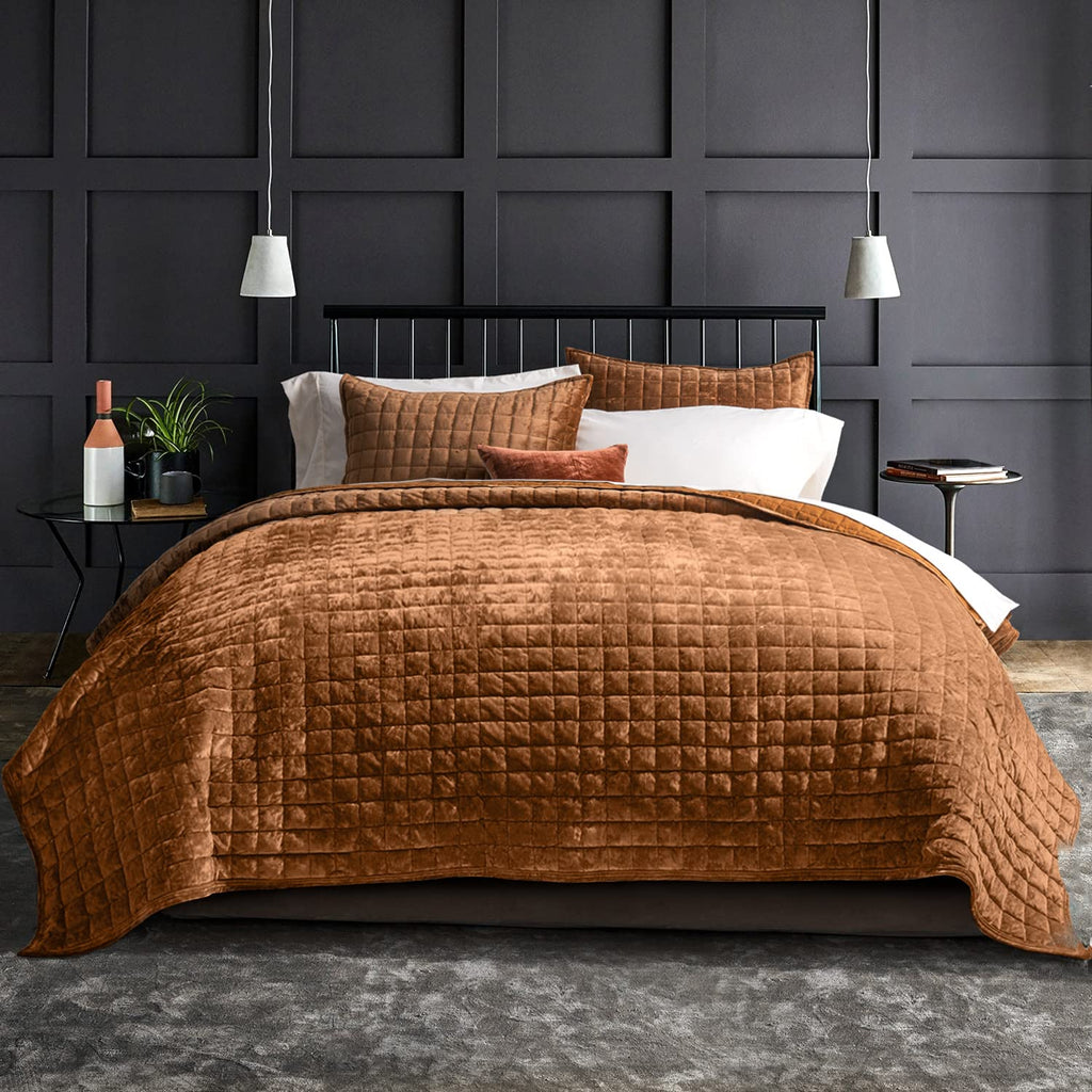 RECYCO Channel Box Stitch Velvet Quilt Set, King Size, Rusty Burnt Orange