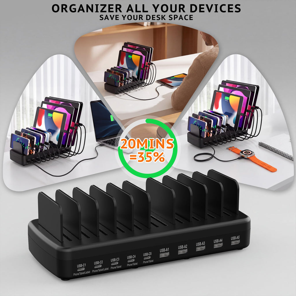 Charging Station for Multiple Devices, Adjustable Dividers Charger Dock