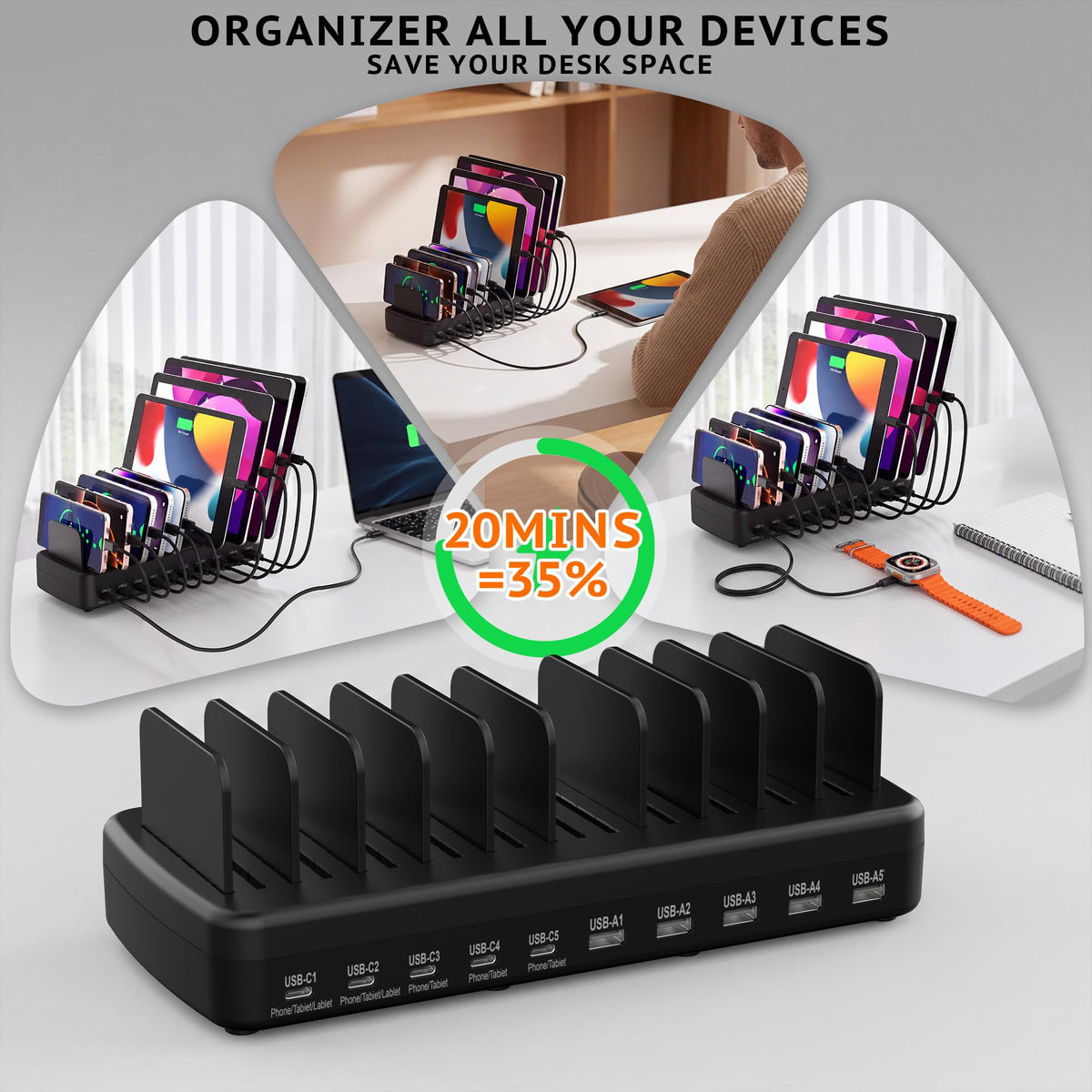 Charging Station for Multiple Devices, Adjustable Dividers Charger Dock