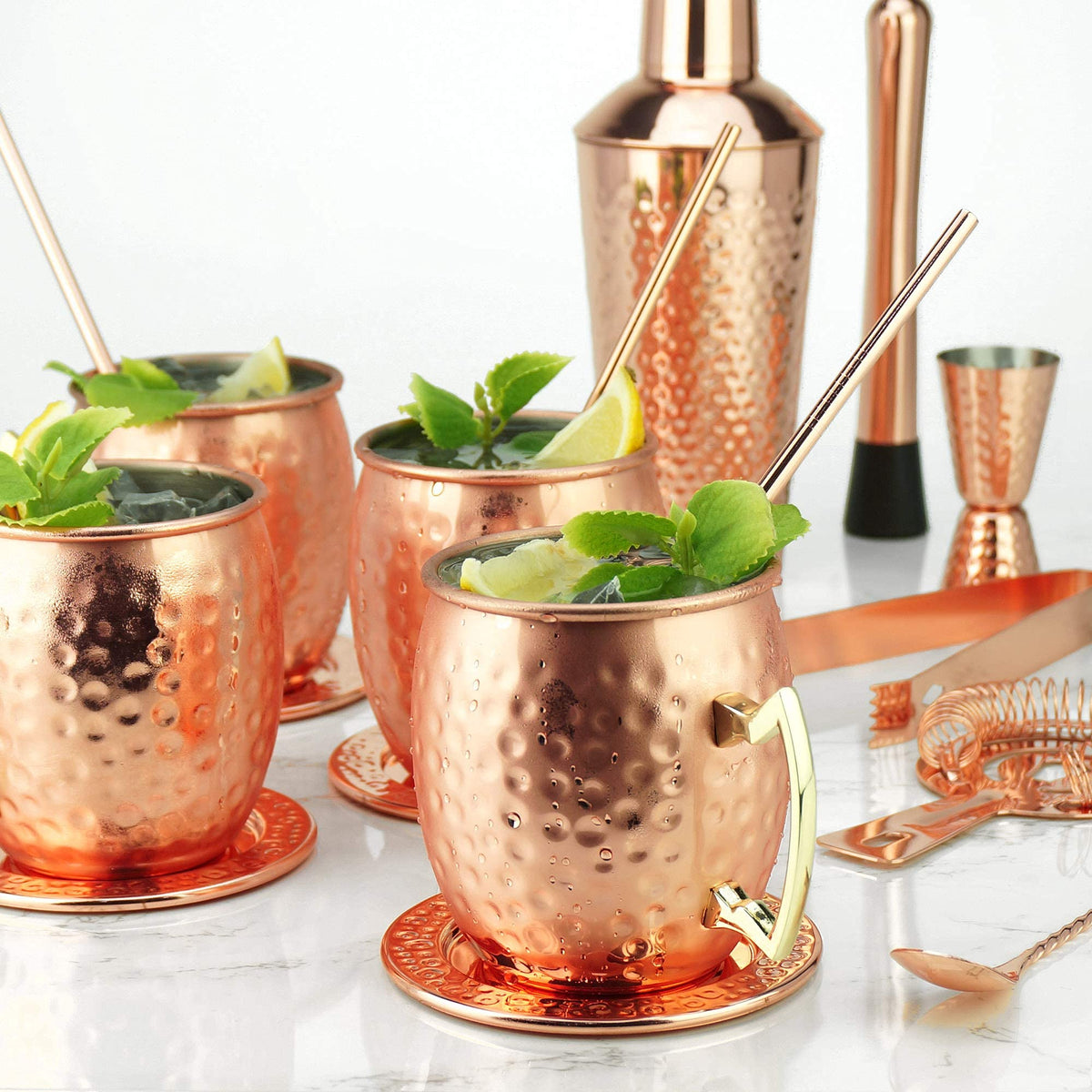 [Gift Set] PG Ultimate Moscow Mule SS Copper Plated Set 25PC | 3pc Cocktail Shaker, 4X Mugs, 4X Straws, 4X Cocktail Picks, Straw Cleaner, 4X Coaster, Strainer, Tongs, Muddler, Jigger, Stirrer