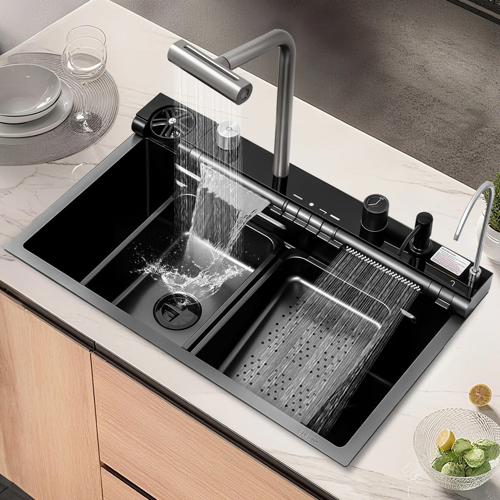 30x18 Dual Waterfall Kitchen Sink,Modern Kitchen Sink with 4 in 1 Faucet,Black Stainless Steel Single Bowl Digital Smart Sink with Pull-Out Faucet,Multifunctional Workstation Sinks with Nano Honeycomb
