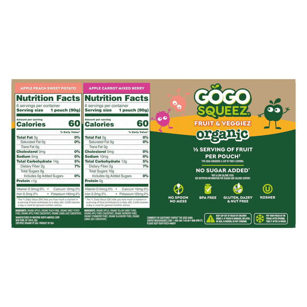 GoGo squeeZ No Sugar Added Organic Fruit & veggieZ Applesauce, 12 Count