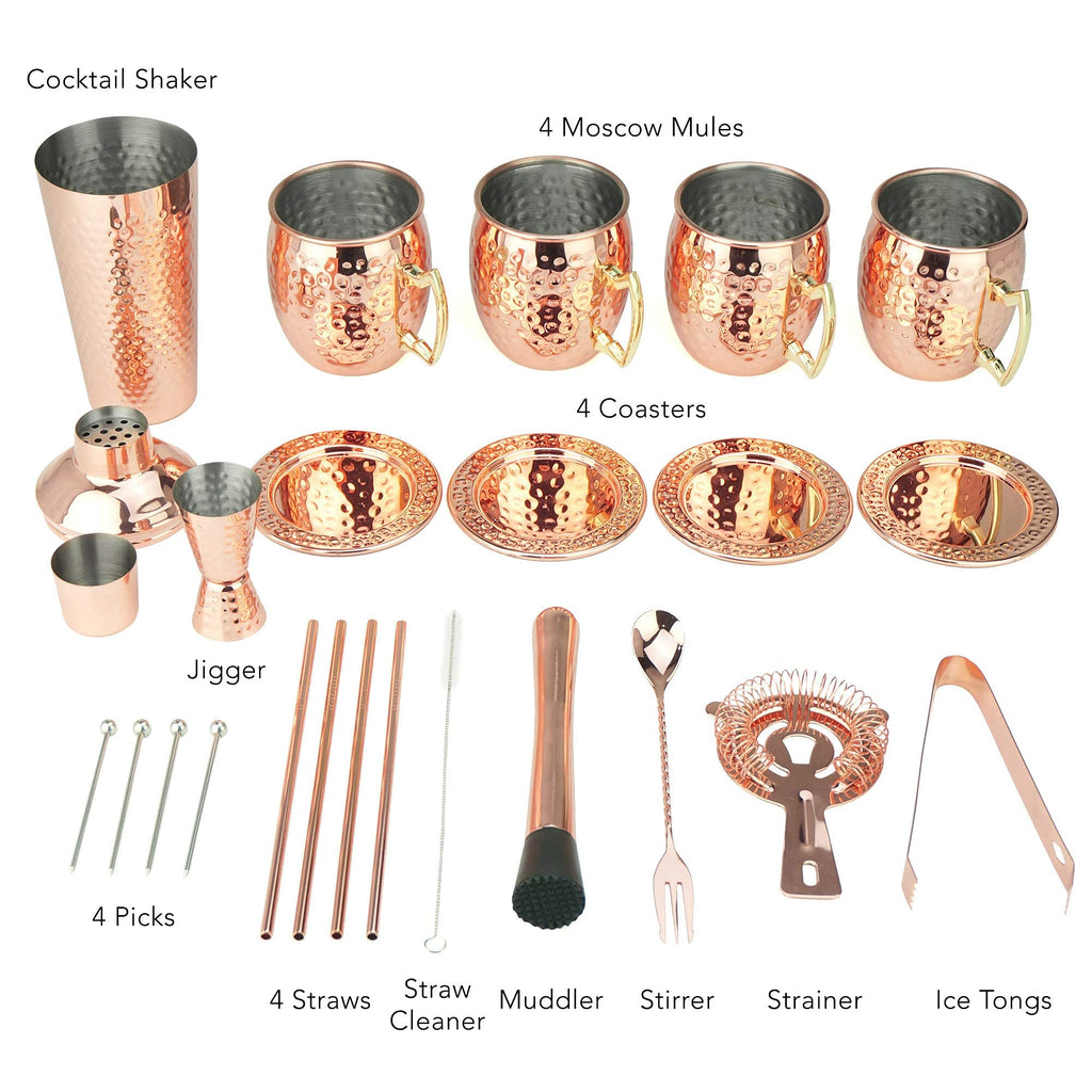 [Gift Set] PG Ultimate Moscow Mule SS Copper Plated Set 25PC | 3pc Cocktail Shaker, 4X Mugs, 4X Straws, 4X Cocktail Picks, Straw Cleaner, 4X Coaster, Strainer, Tongs, Muddler, Jigger, Stirrer