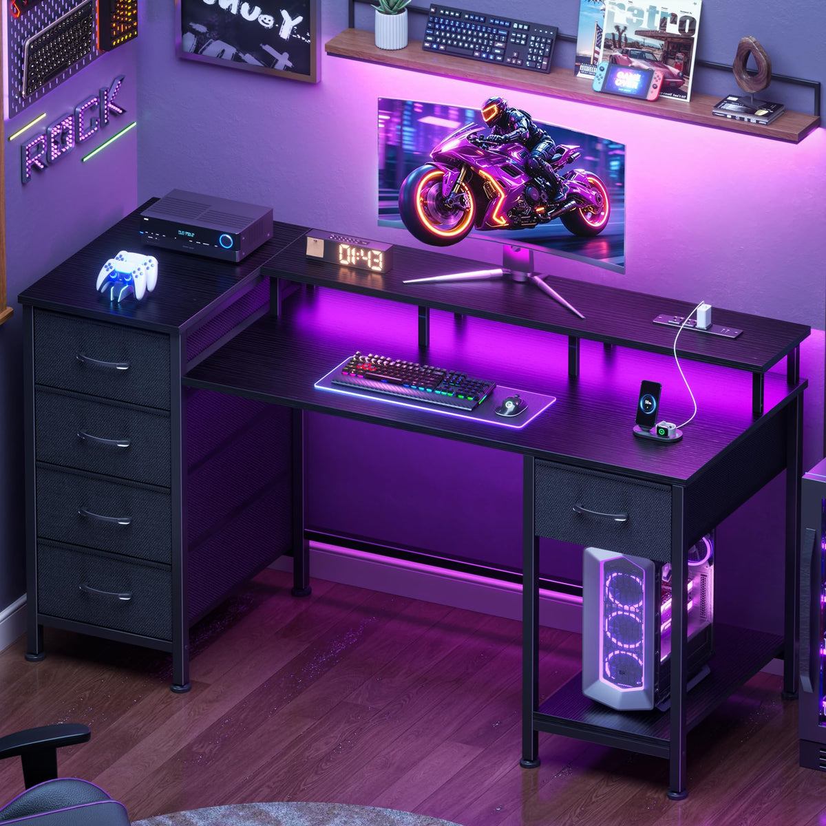 Korfile 47 Inch Gaming Computer Desk with Power Outlets,LED,5 Drawers,Black