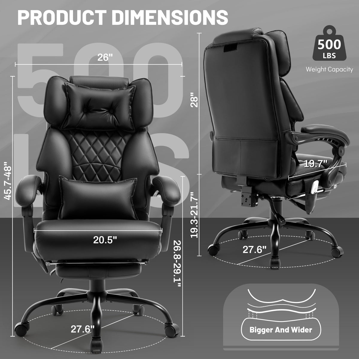 Massage Office Chair with Foot Rest,6 Points Vibration & Heat Executive Office Chairs,500LBS Big and Tall Office Chair for Heavy People,Ergonomic Reclining Desk Chair,Dual-Use Pillow,Home Office,Black