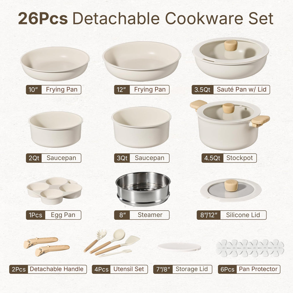 CAROTE 26pcs Pots and Pans Set Non Stick, Cookware Set Detachable Handle