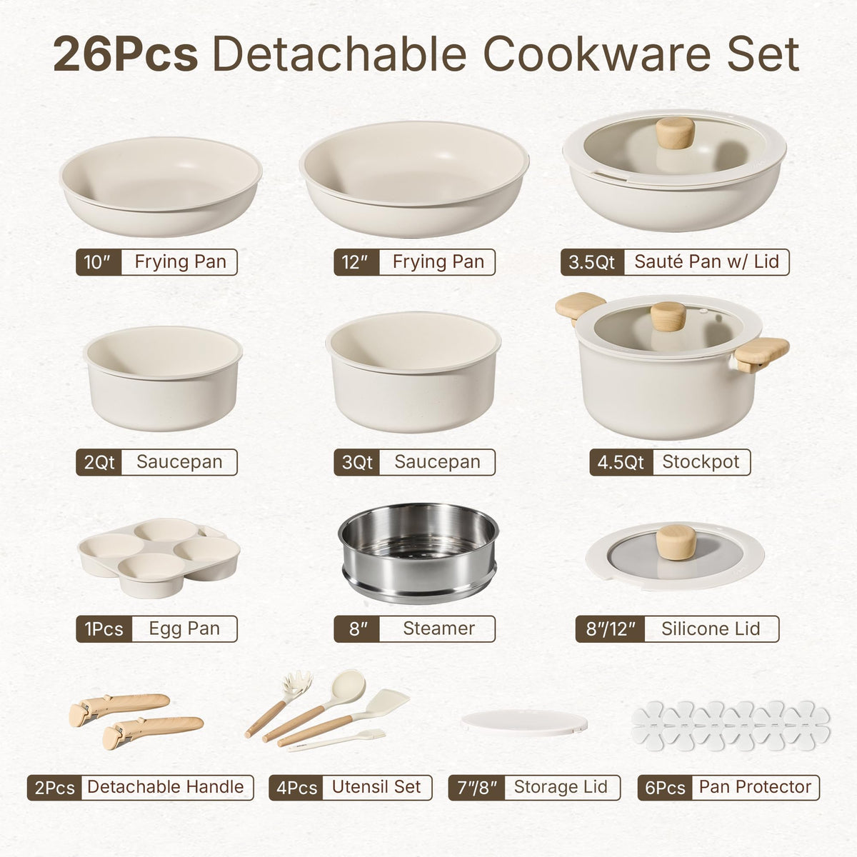 CAROTE 26pcs Pots and Pans Set Non Stick, Cookware Set Detachable Handle