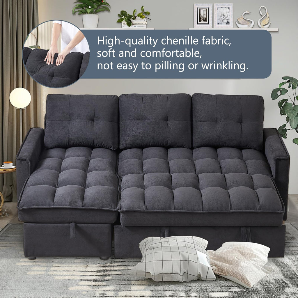 Firscook 78.75" Sleeper Sofa Couch,Modern L-Shaped Couches, Pull Out Couch with USB Ports&Side Pocket,Sleeper Sectional Sofa for Living Room Apartment,Chenille,Black
