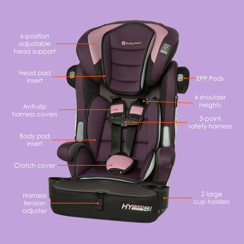 Baby Trend Hybrid SI 3-in-1 Combination Booster Seat, Dash Orchid – Side-Impact Protection, 3-Stage Growth Design, Adjustable Headrest, Cushioned Comfort