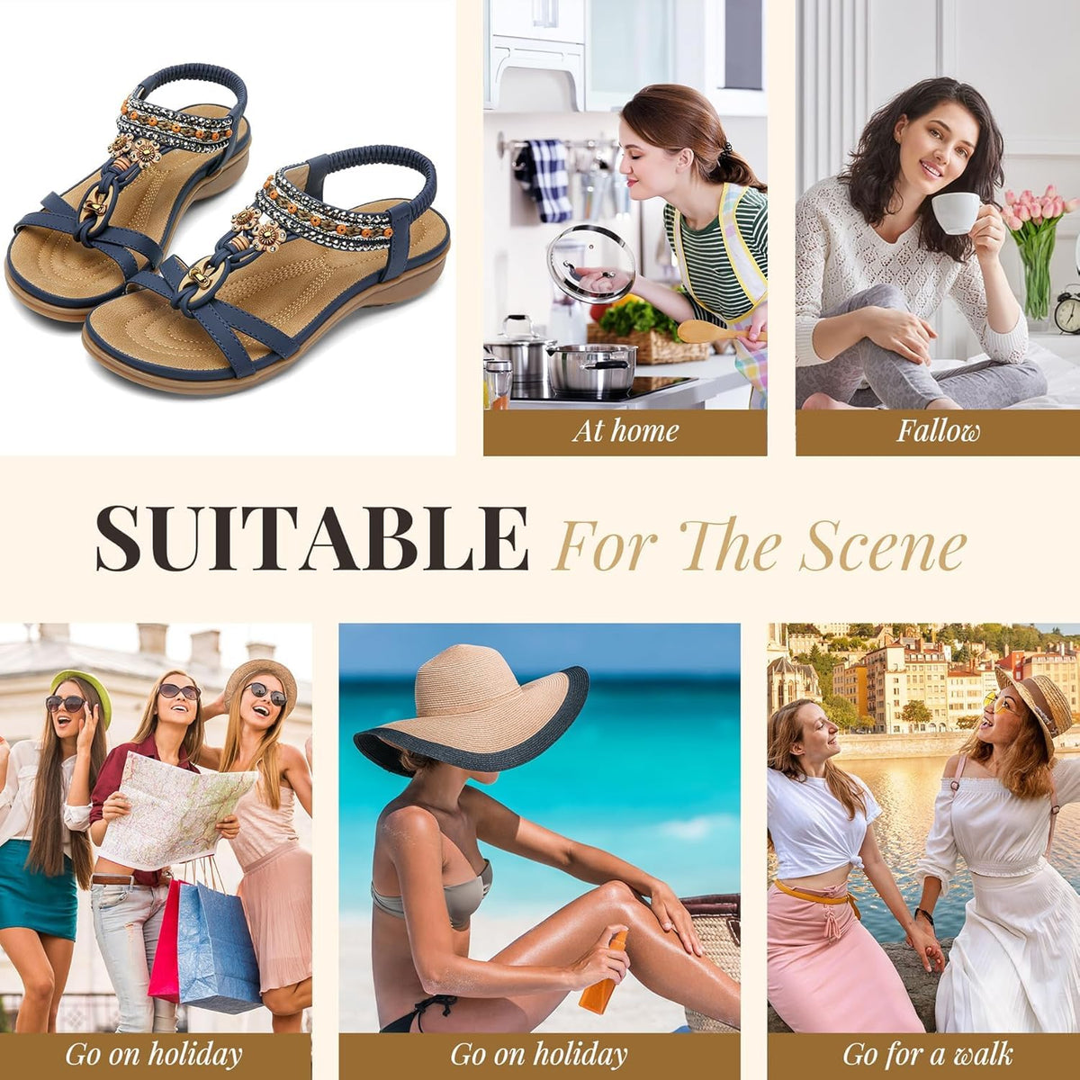 Littleplum Womens Sandals Arch Support Bohemian T-Strap Flower Rhinestone Sandals Women's Non Slip Summer Beach Flat Sandals Blue Size 10
