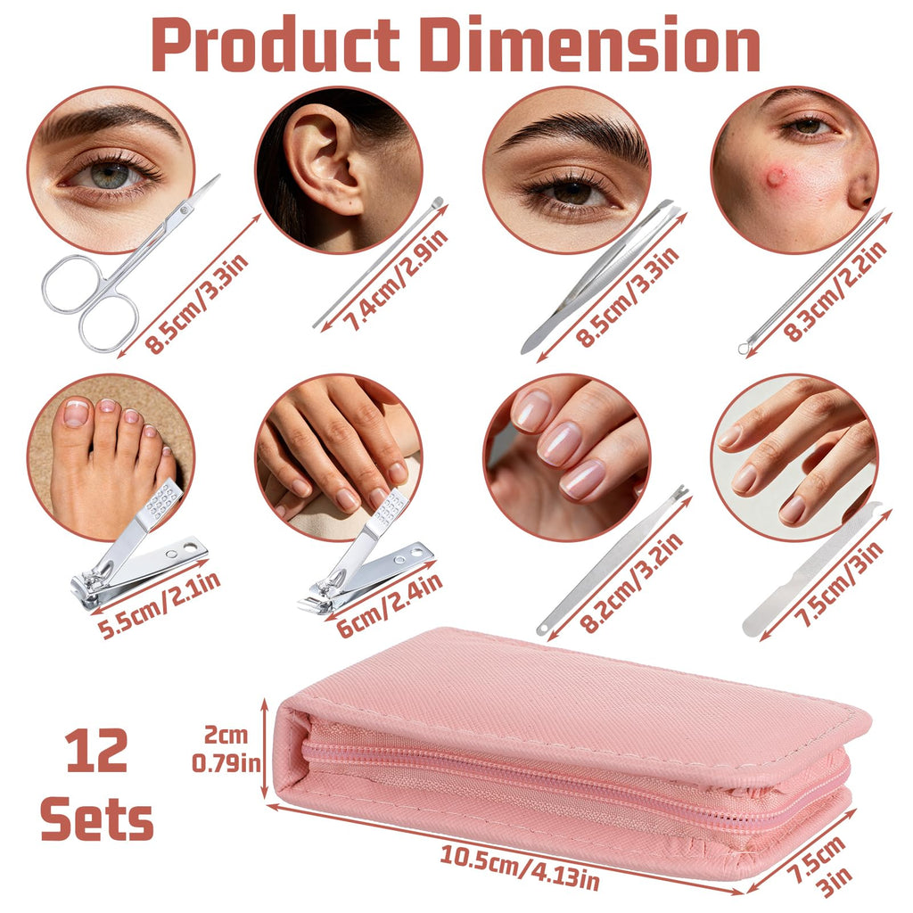 12 Sets Manicure Set, 8 in 1 Stainless Steel Nail Care Kit, Sturdy Manicure Tool Kits with Travel Case, Nail Grooming Kit Gift, for Men and Women(Pink)