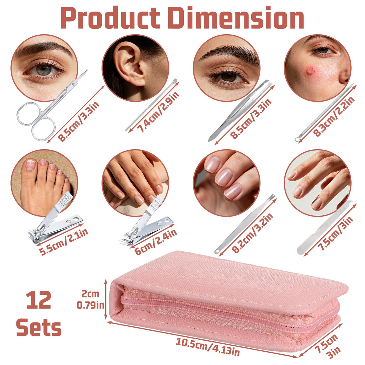12 Sets Manicure Set, 8 in 1 Stainless Steel Nail Care Kit, Sturdy Manicure Tool Kits with Travel Case, Nail Grooming Kit Gift, for Men and Women(Pink)