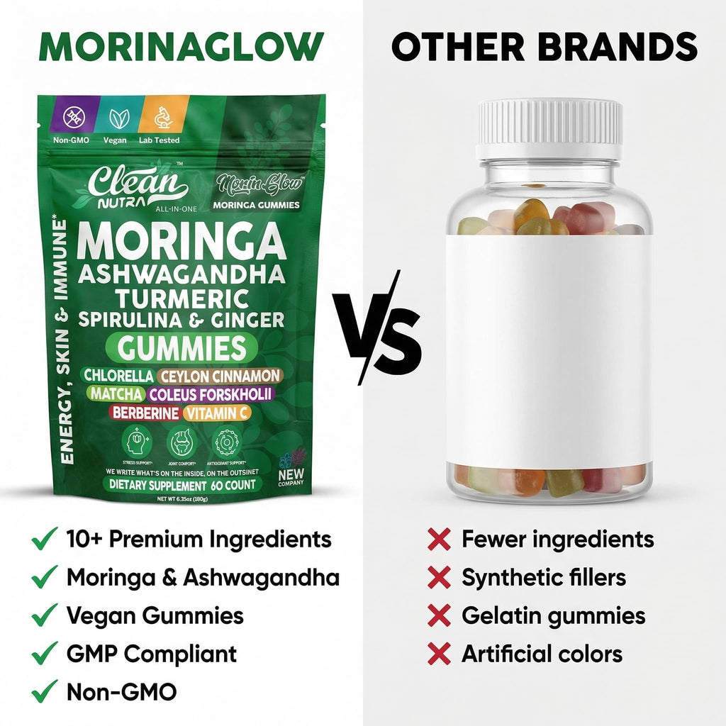 Clean Nutra Moringa Gummies | Pure Moringa Powder Supplement + Ashwagandha Turmeric Spirulina & Ginger Energy, Skin, Immune & Gut Health Green Superfood - Moringa Capsules Alternative