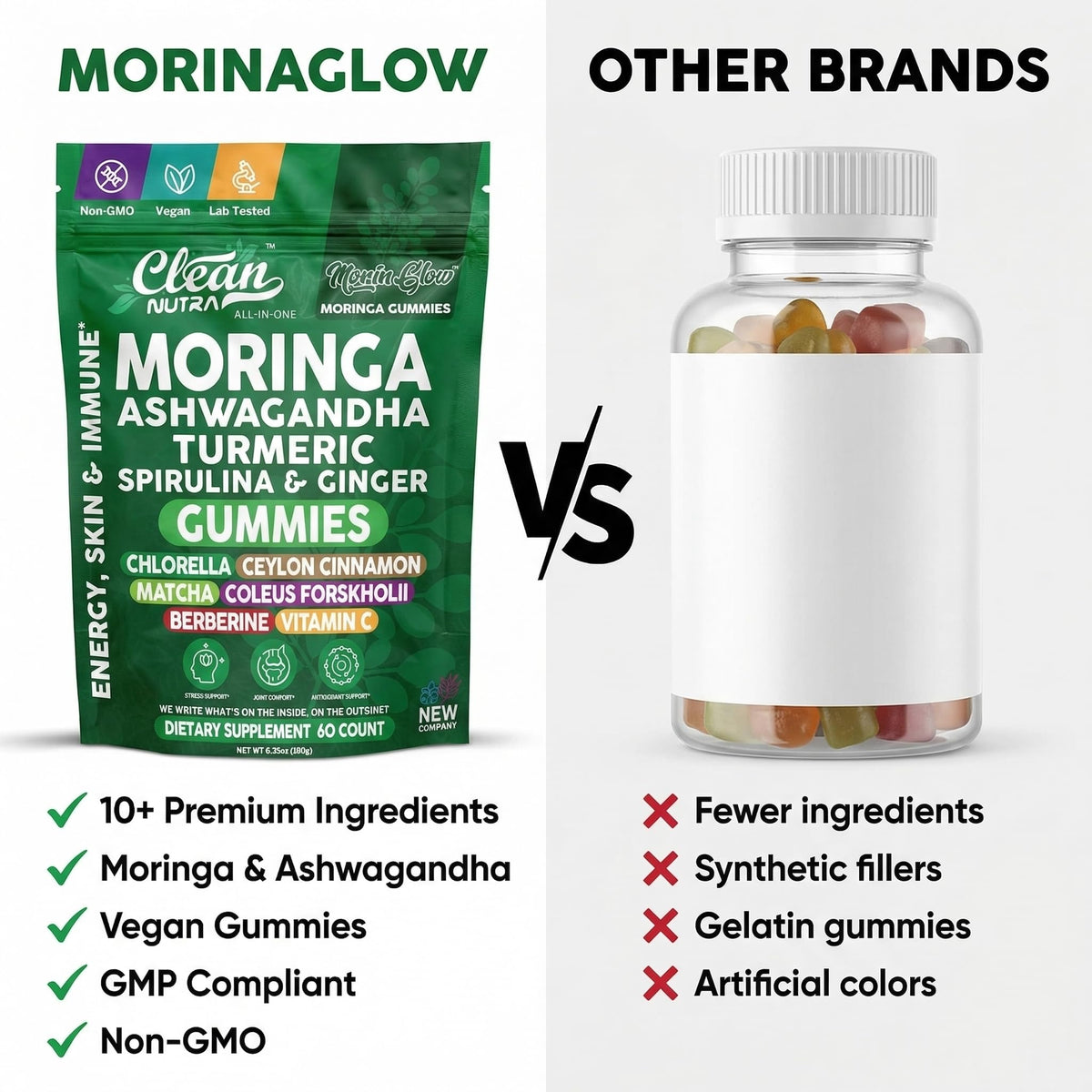 Clean Nutra Moringa Gummies | Pure Moringa Powder Supplement + Ashwagandha Turmeric Spirulina & Ginger Energy, Skin, Immune & Gut Health Green Superfood - Moringa Capsules Alternative