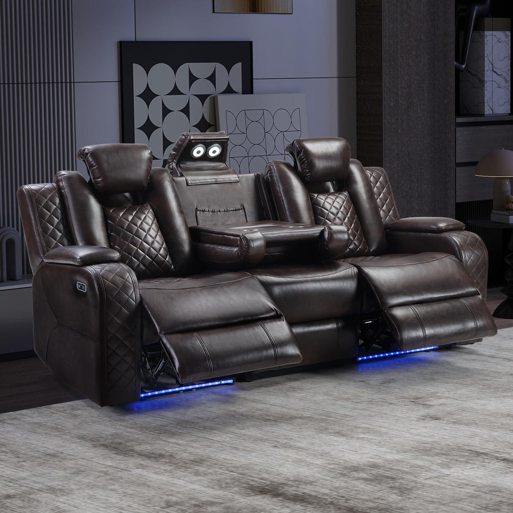 CANMOV Home Theater Seating with Adjustable Headrest with LED Lights, 3 Seat Power Reclining Sofa with Flip Backrest Design, Wireless Charger, Cup Holders, Reading Light and USB Charging Ports, Brown