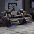 CANMOV Home Theater Seating with Adjustable Headrest with LED Lights, 3 Seat Power Reclining Sofa with Flip Backrest Design, Wireless Charger, Cup Holders, Reading Light and USB Charging Ports, Brown