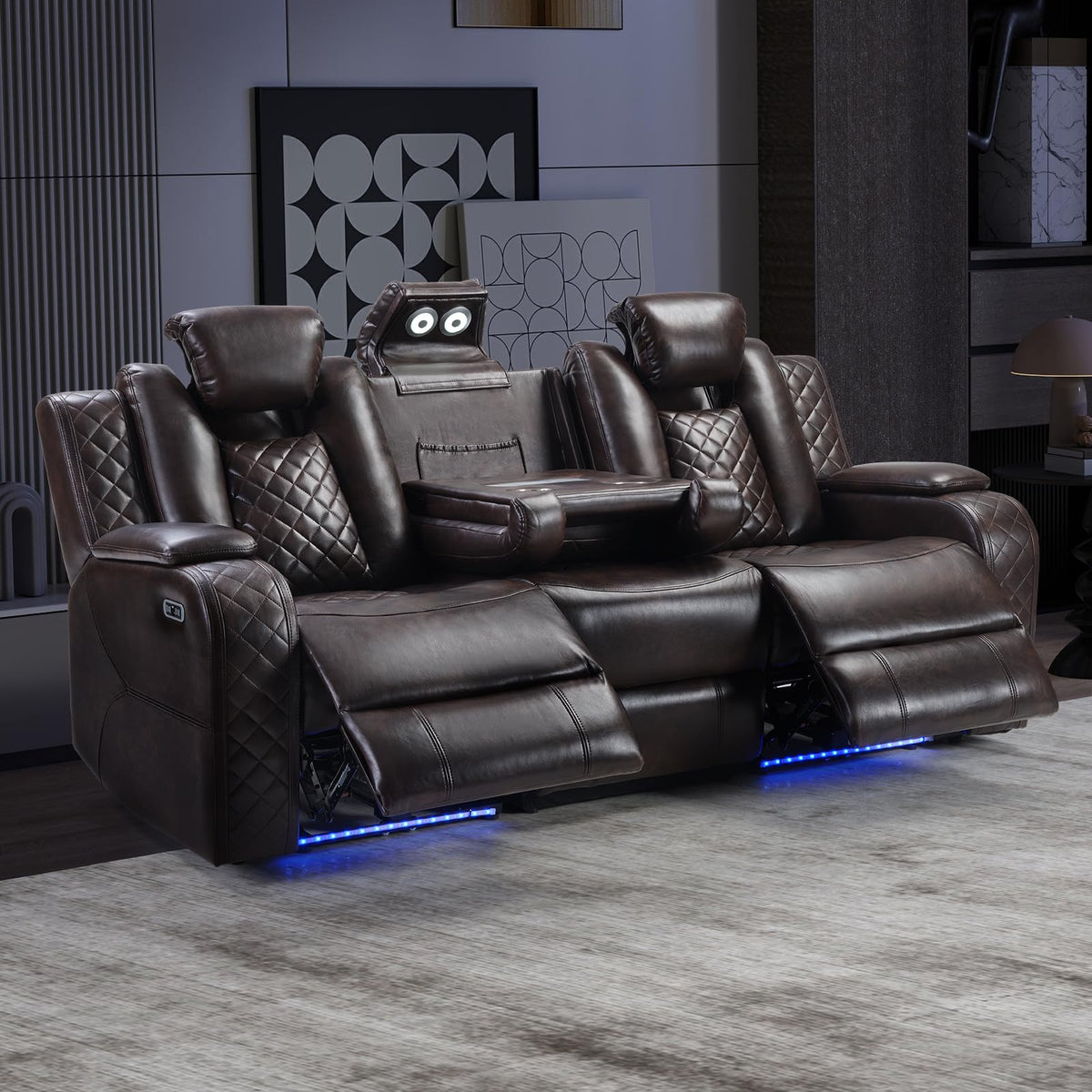 CANMOV Home Theater Seating with Adjustable Headrest with LED Lights, 3 Seat Power Reclining Sofa with Flip Backrest Design, Wireless Charger, Cup Holders, Reading Light and USB Charging Ports, Brown