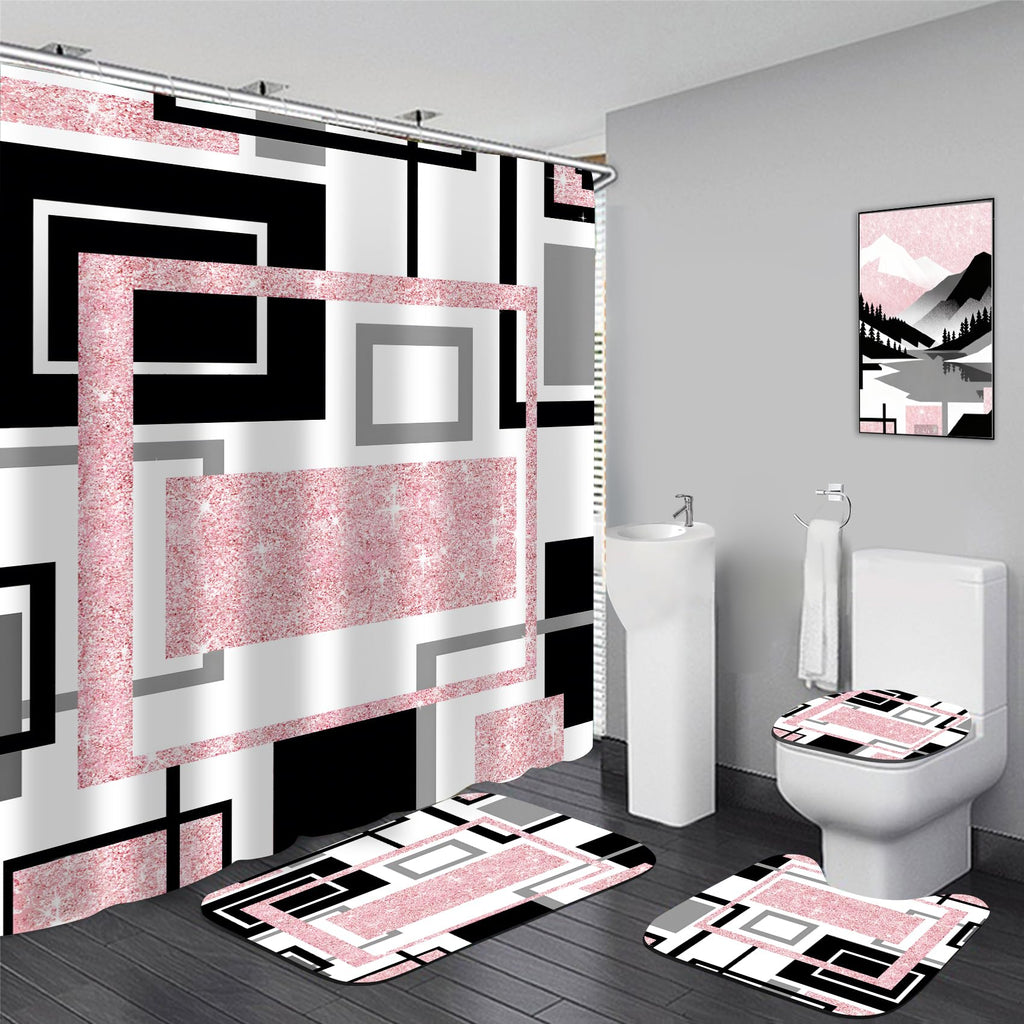 Yddsky 4 Pcs Pink Geometric Shower Curtain Set with Rugs Bathroom Set