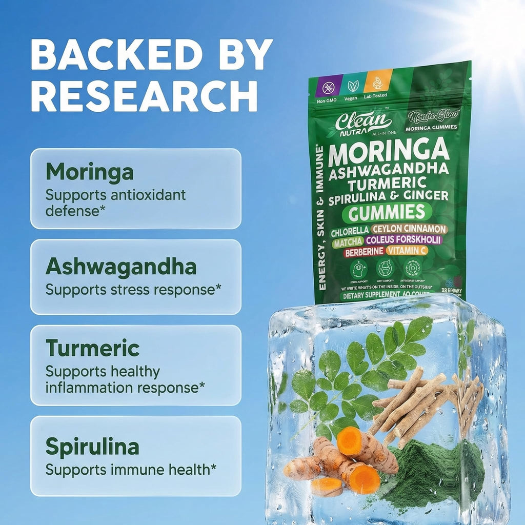 Clean Nutra Moringa Gummies | Pure Moringa Powder Supplement + Ashwagandha Turmeric Spirulina & Ginger Energy, Skin, Immune & Gut Health Green Superfood - Moringa Capsules Alternative