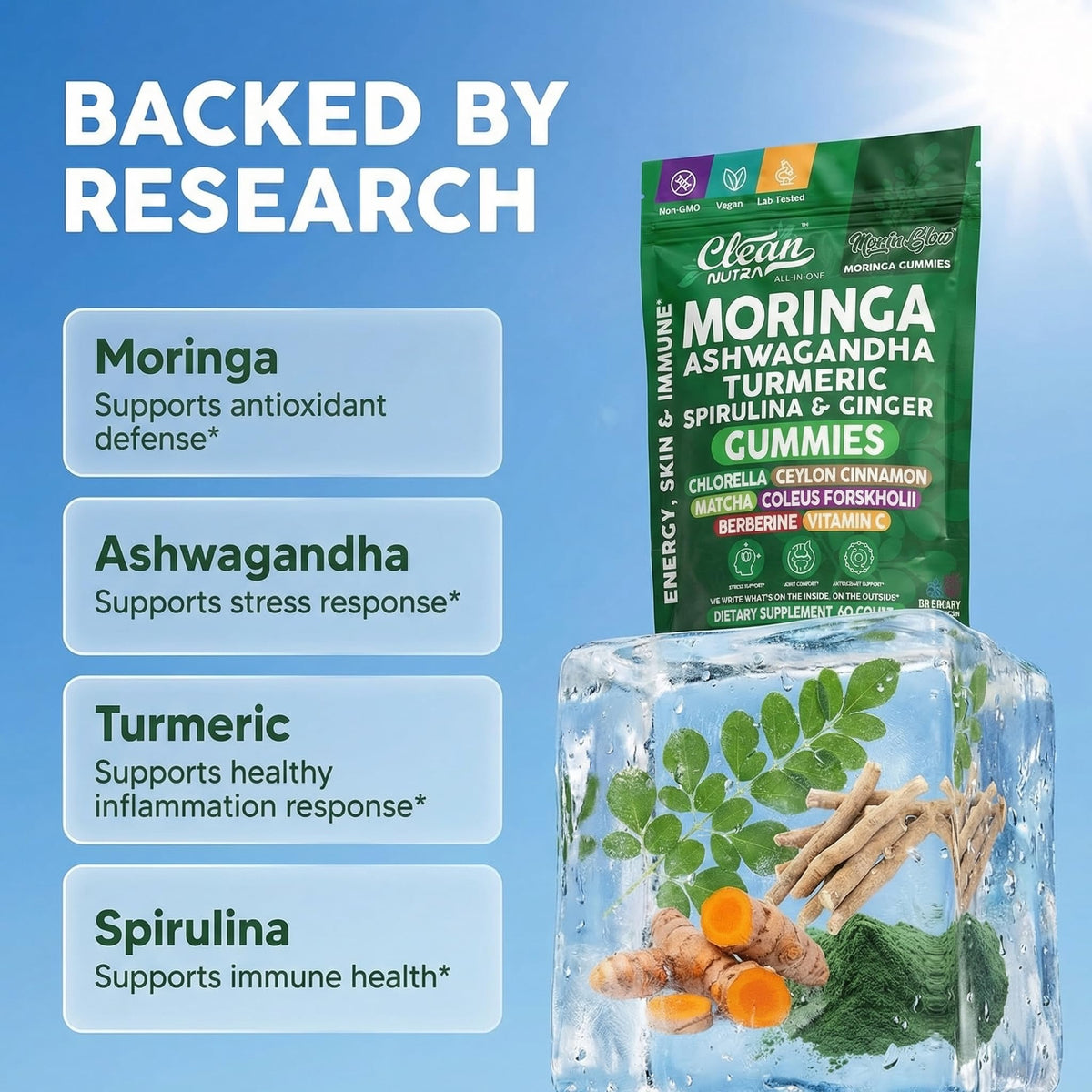 Clean Nutra Moringa Gummies | Pure Moringa Powder Supplement + Ashwagandha Turmeric Spirulina & Ginger Energy, Skin, Immune & Gut Health Green Superfood - Moringa Capsules Alternative