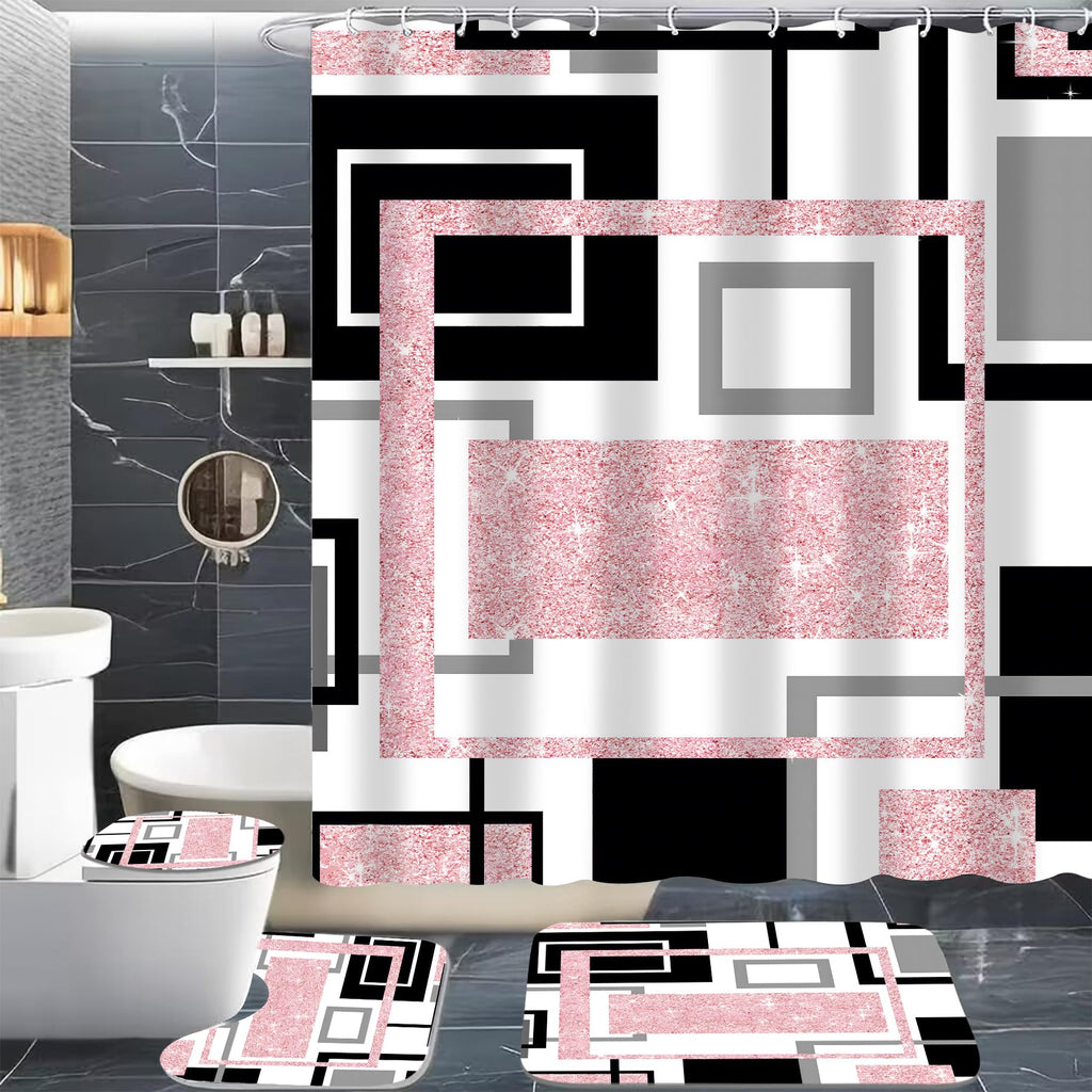 Yddsky 4 Pcs Pink Geometric Shower Curtain Set with Rugs Bathroom Set