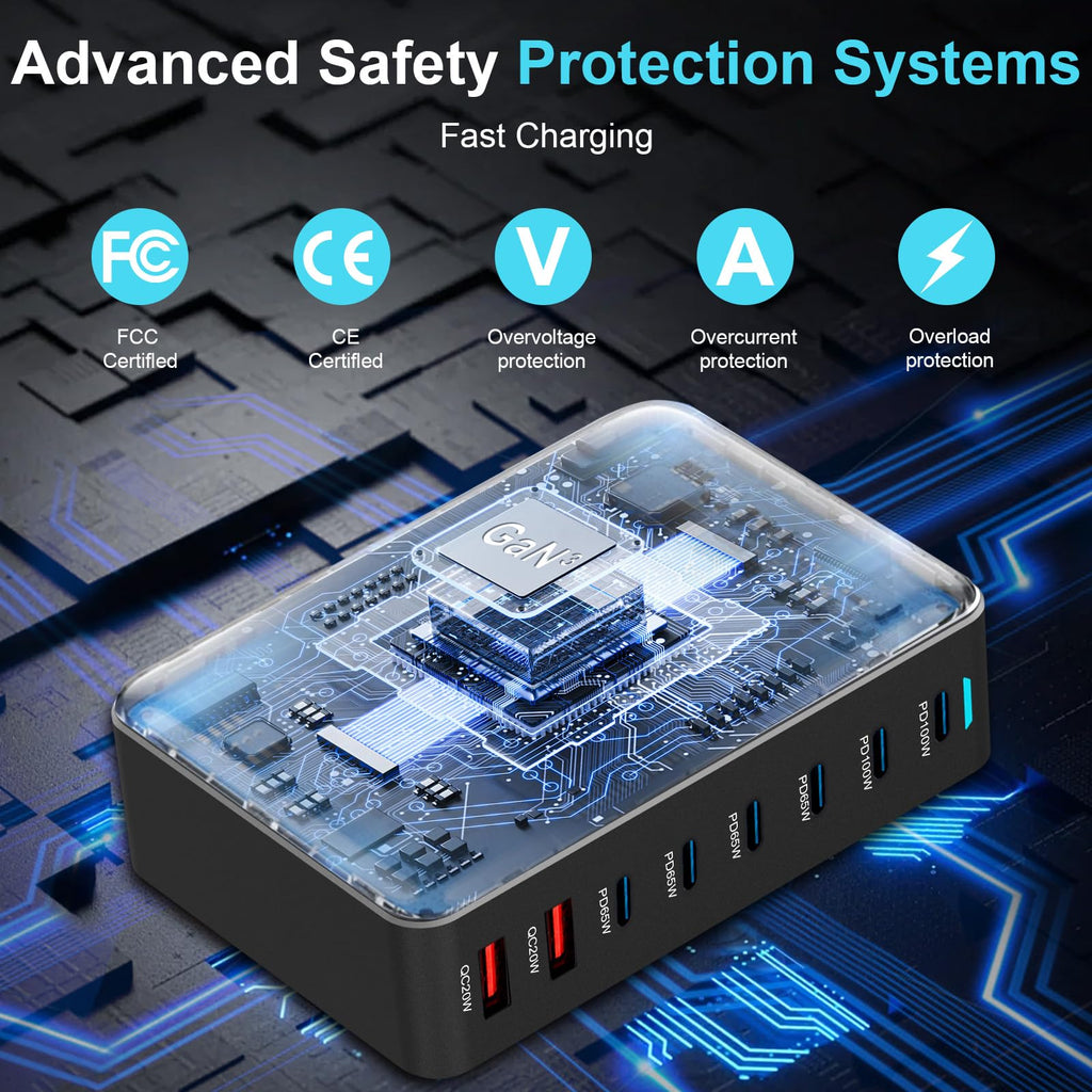 500W USB C Charger Block, 8-Port USB Charging Station with Dual 100W PD