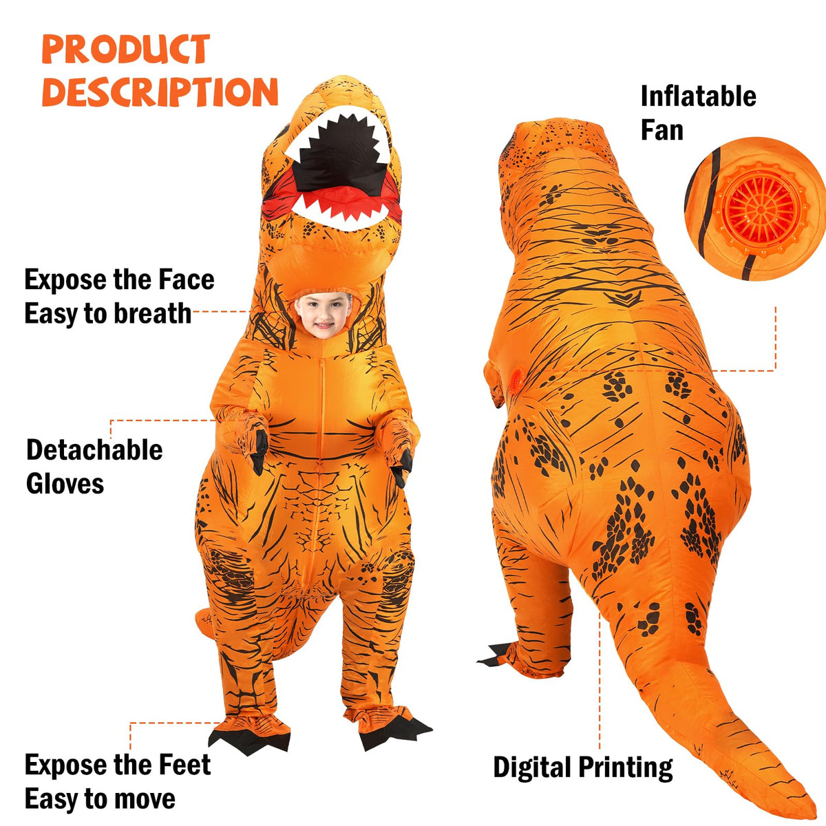 Inflatable Dinosaur Costume Kids, Durable T-REX Costume for Halloween,Brown