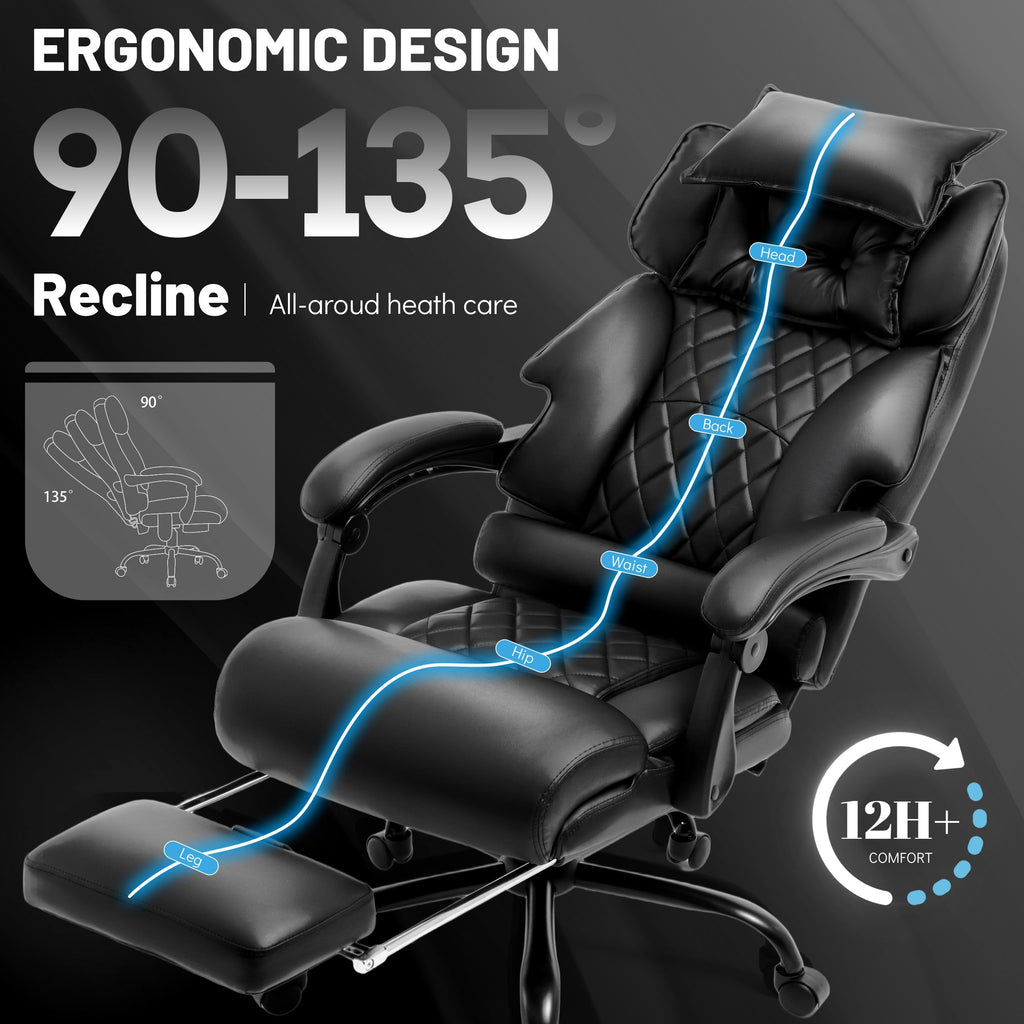 Massage Office Chair with Foot Rest,6 Points Vibration & Heat Executive Office Chairs,500LBS Big and Tall Office Chair for Heavy People,Ergonomic Reclining Desk Chair,Dual-Use Pillow,Home Office,Black