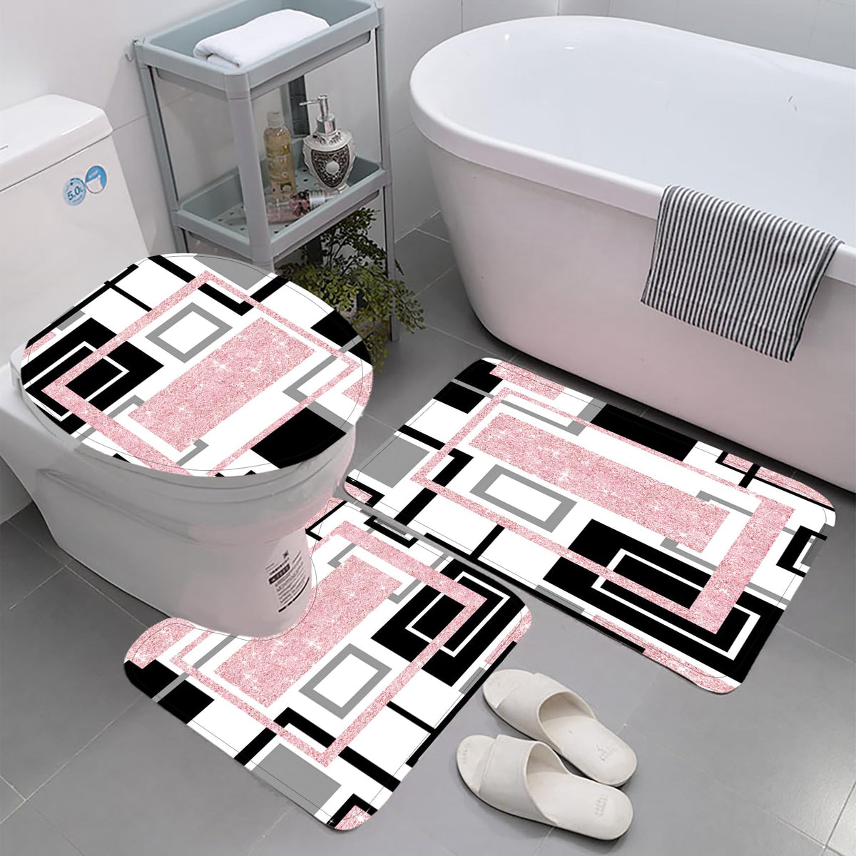 Yddsky 4 Pcs Pink Geometric Shower Curtain Set with Rugs Bathroom Set