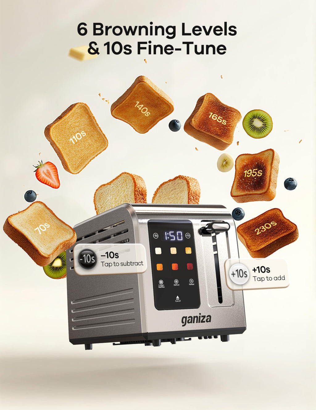 Ganiza Toaster 2 Slice with Touchscreen Smart Toasters Wide Slot, Max 925W