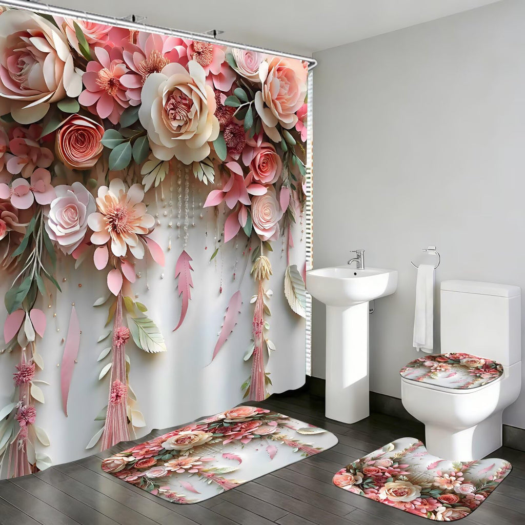 DDQQ Pink Flower Bathroom Shower Curtain Set, Rose Shower Curtain and Rugs