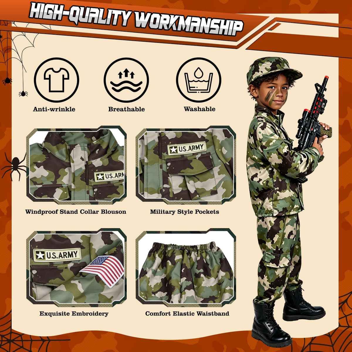 Kids Army Costume for Boys - 14 PCS Soldier Halloween Costume for Boys