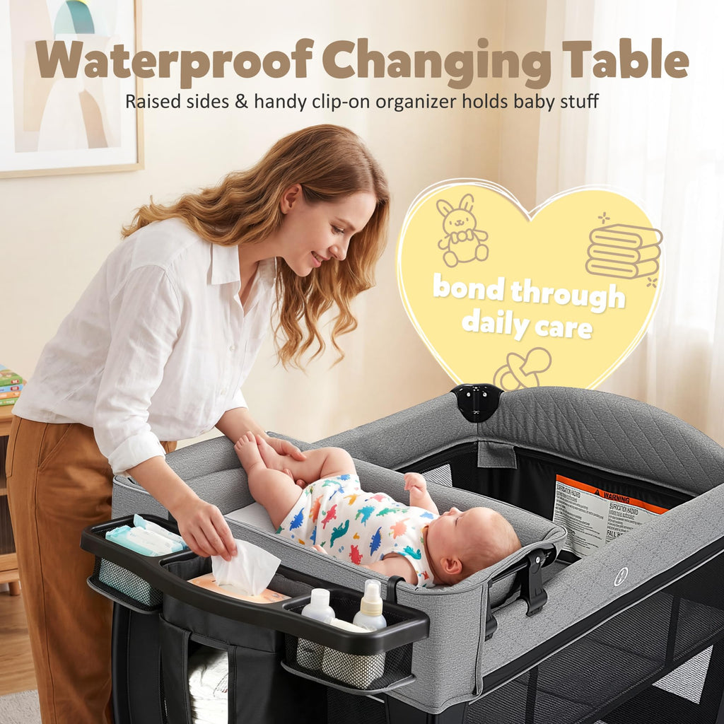 TODEFULL 4 in 1 Foldable Pack and Play with Bassinet & Changing Table