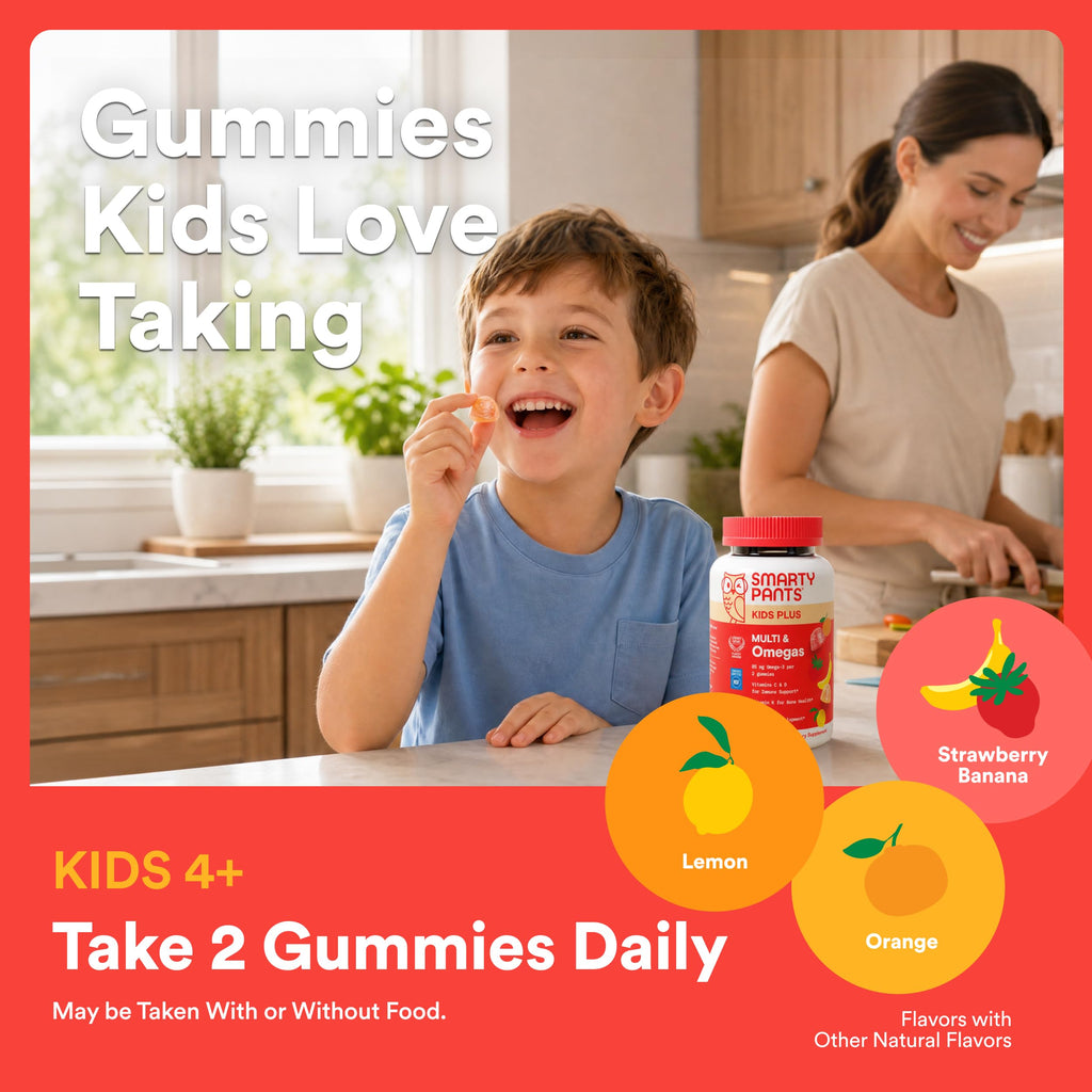 SmartyPants Kids Multivitamin Gummies with Omega 3 DHA/EPA, Vitamins D3, C, B12, B6, A, K, and Zinc, Gluten Free, Clean Label, Three Fruit Flavors, 60 Gummies (30 Day Supply)