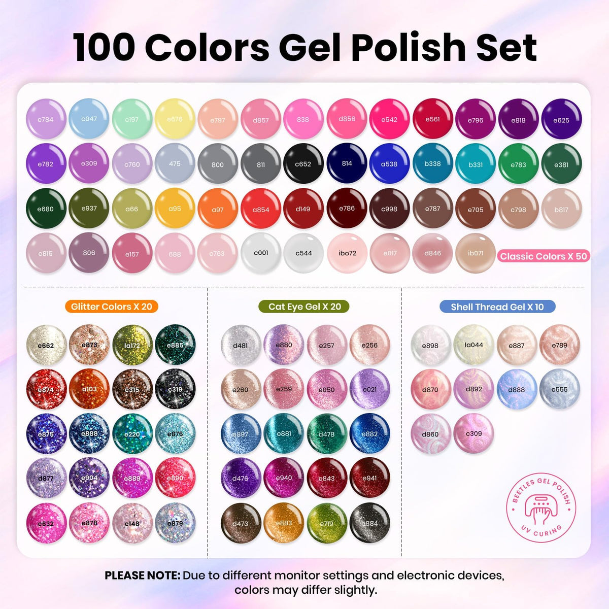 Beetles Gel Nail Polish Set, 119 PCS 100 Colors Gel Polish Kit with Base