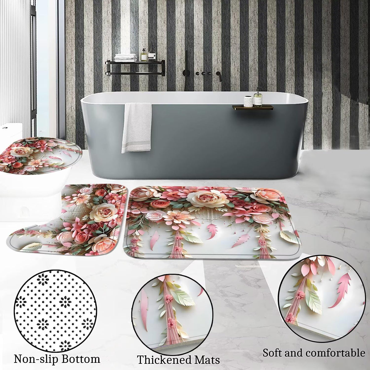 DDQQ Pink Flower Bathroom Shower Curtain Set, Rose Shower Curtain and Rugs
