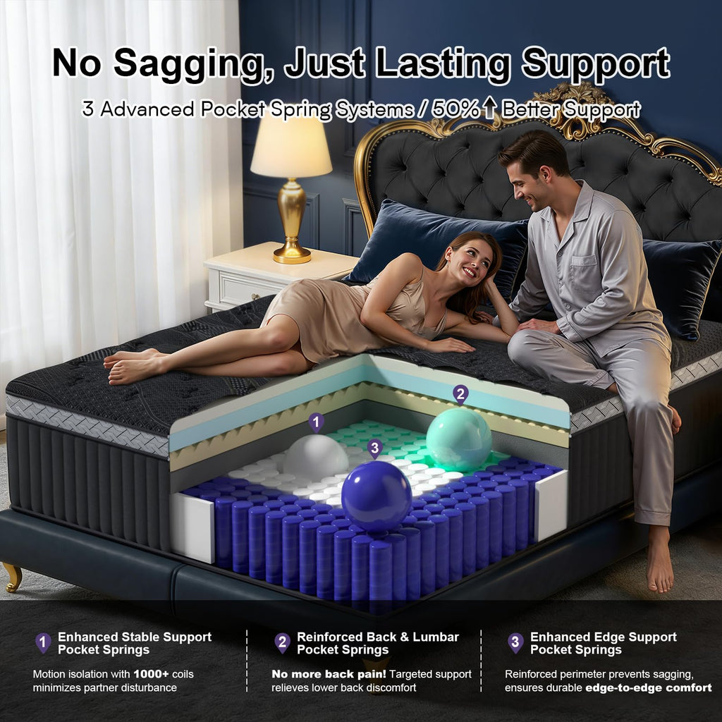 16 Inch King Size Mattress, Upgraded Luxury Hybrid King Mattress In A Box with 7-Zone Support for Cool Night & Pressure Relief, Motion Isolation, Designed in the USA, 365-Night Trial, Medium Firm