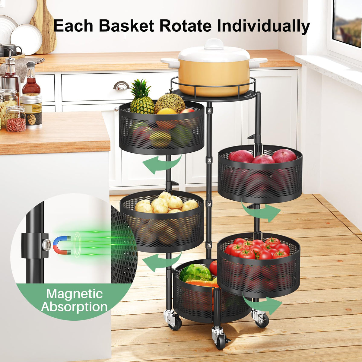SAYZH 5 Tier Fruit Vegetable Basket Stand for Kitchen, Rotating, Black