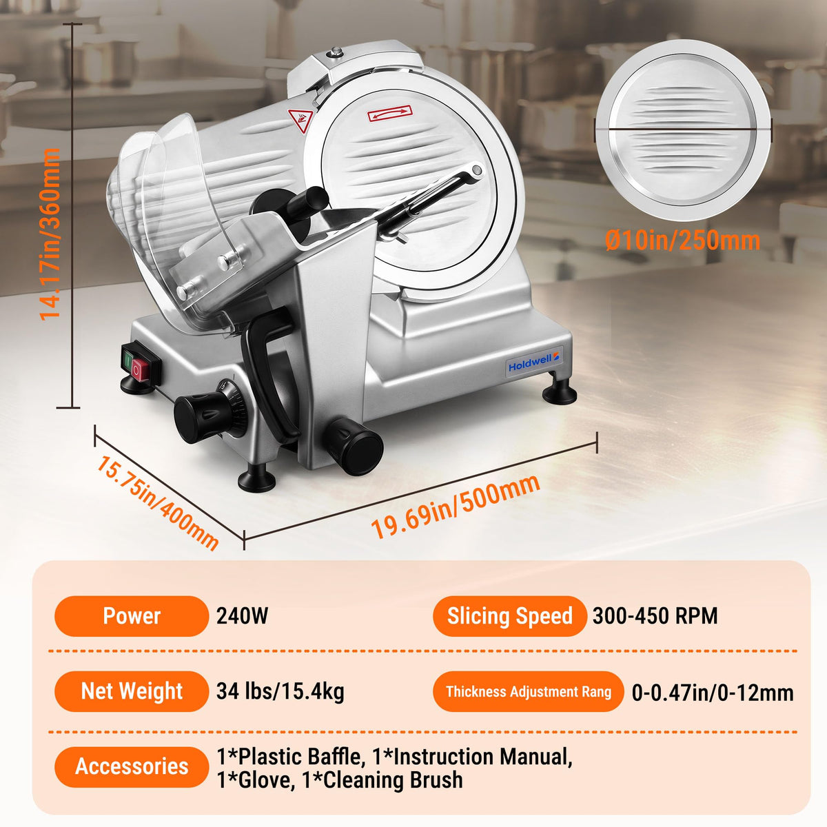 240W Electric Meat Slicer Commercial, 10" Adjustable Carbon Steel Blade