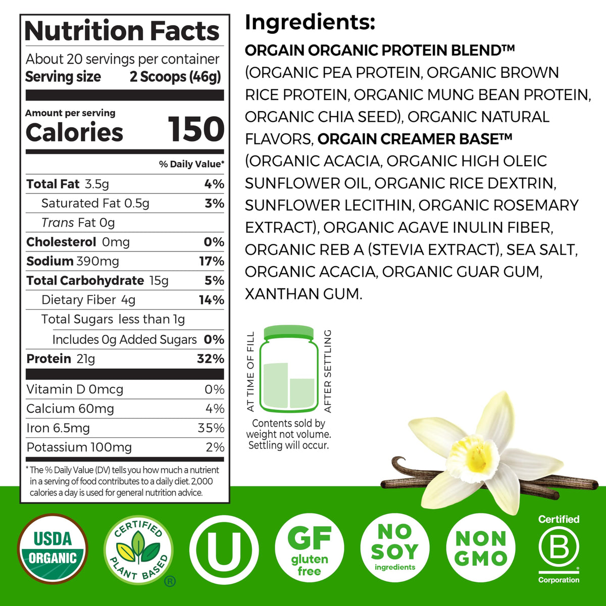 Orgain Organic Vegan 21g Protein Powder, Vanilla Bean, 2.03 lb