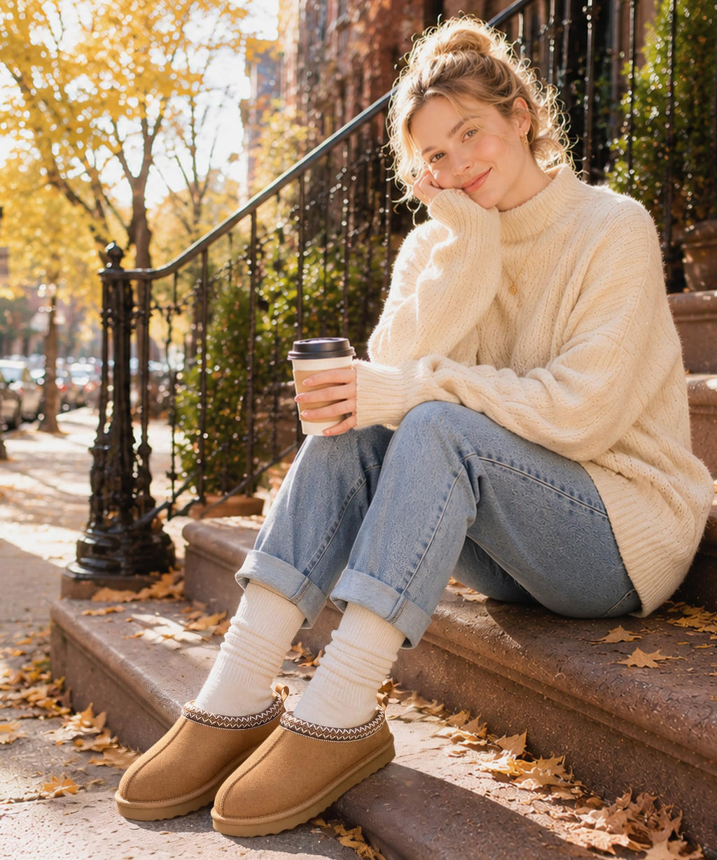 bebealy Genuine Suede Fuzzy Slippers for Women Winter Warm House Shoes Cozy Mini Boots for Indoor Outdoor, Chestnut 39