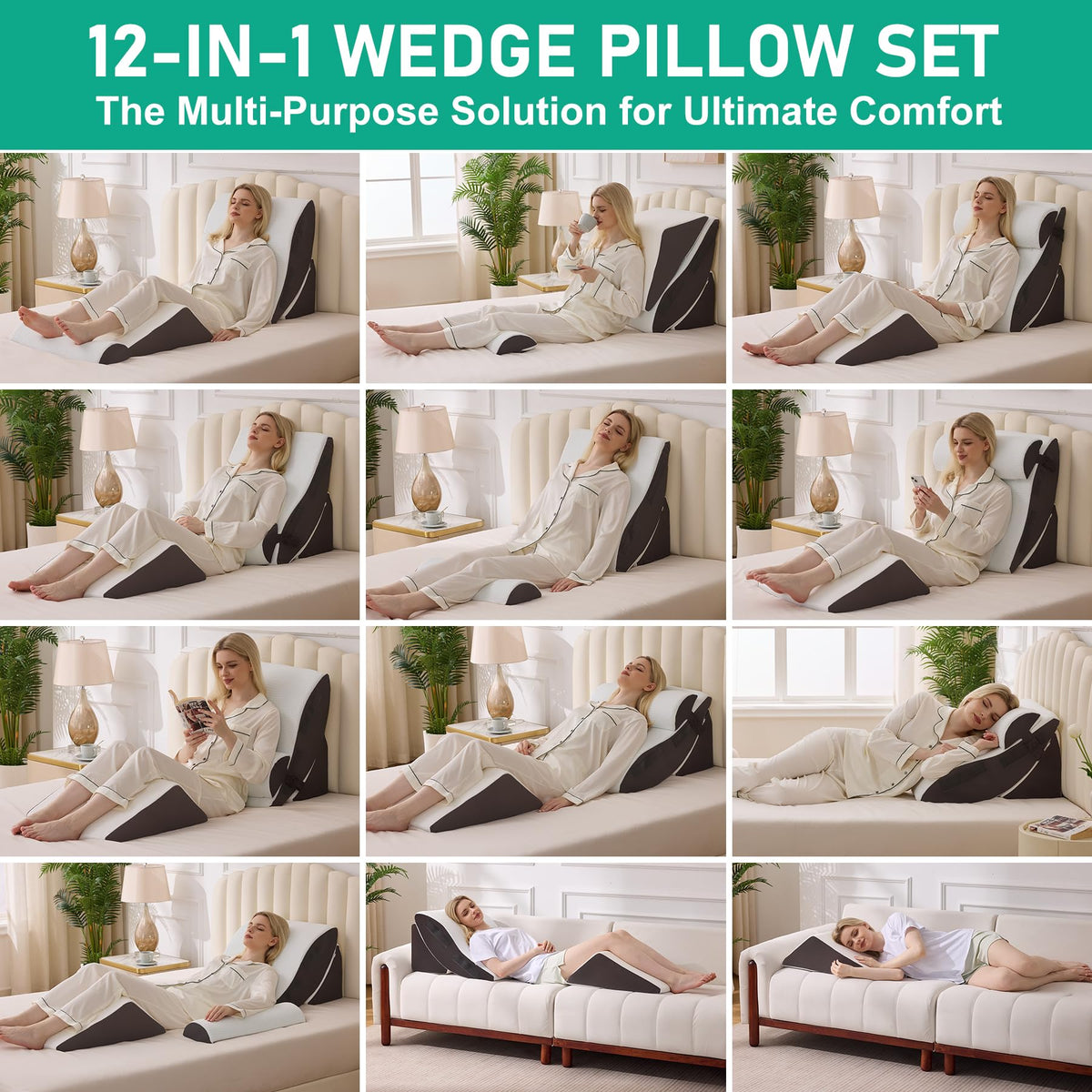 Bambulex 4PCS Wedge Pillow Set for After Surgery, White/Grey