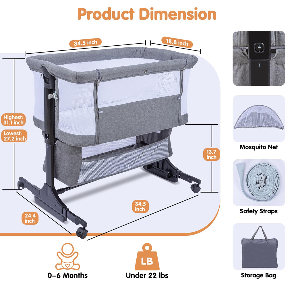 CAPAKIDDO 4-in-1Bedside Bassinet Sleeper, 6 Height, Mesh, Washable Mattress