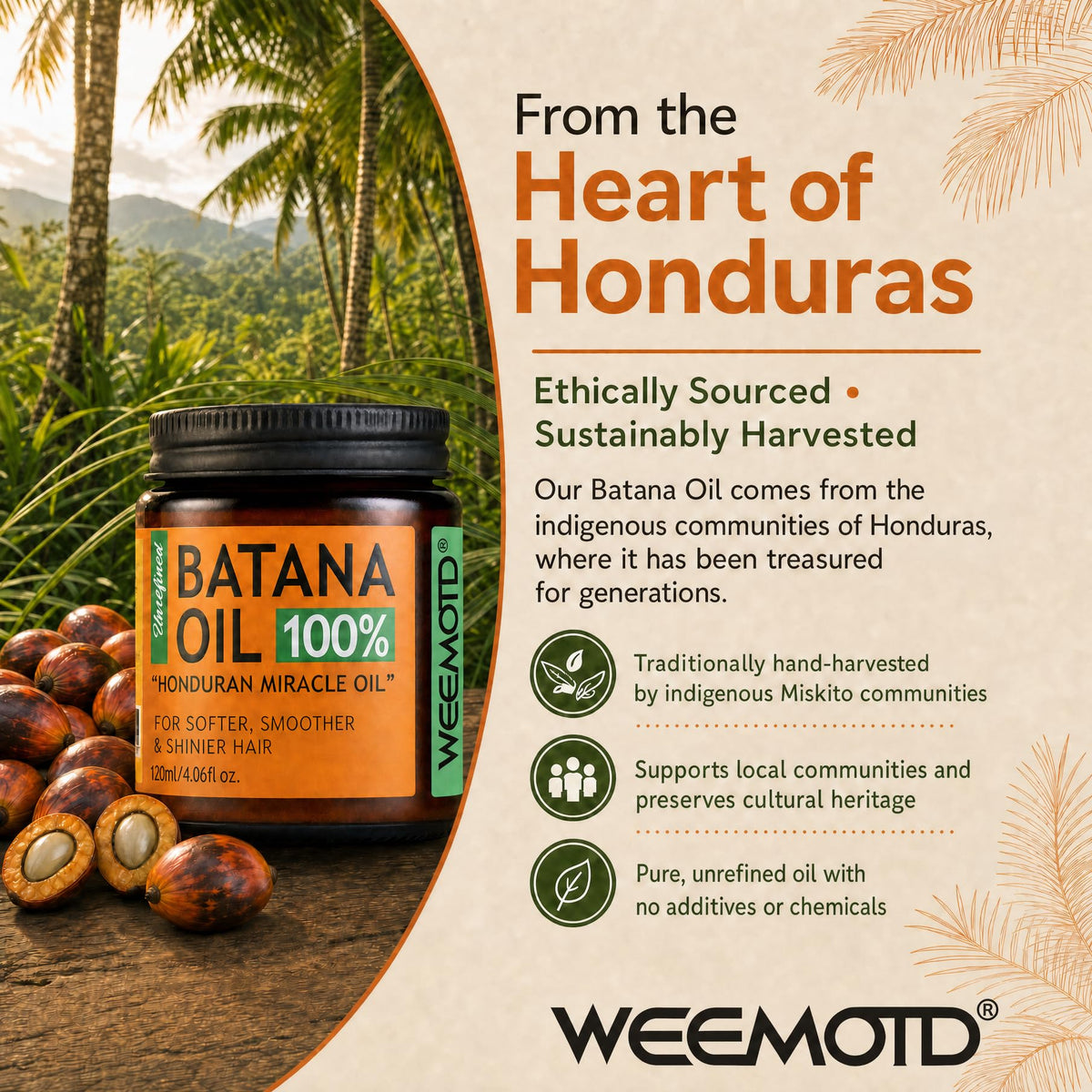 100% Raw Batana Oil for Hair from Honduras, 4.06 Fl Oz, Bright Coffee