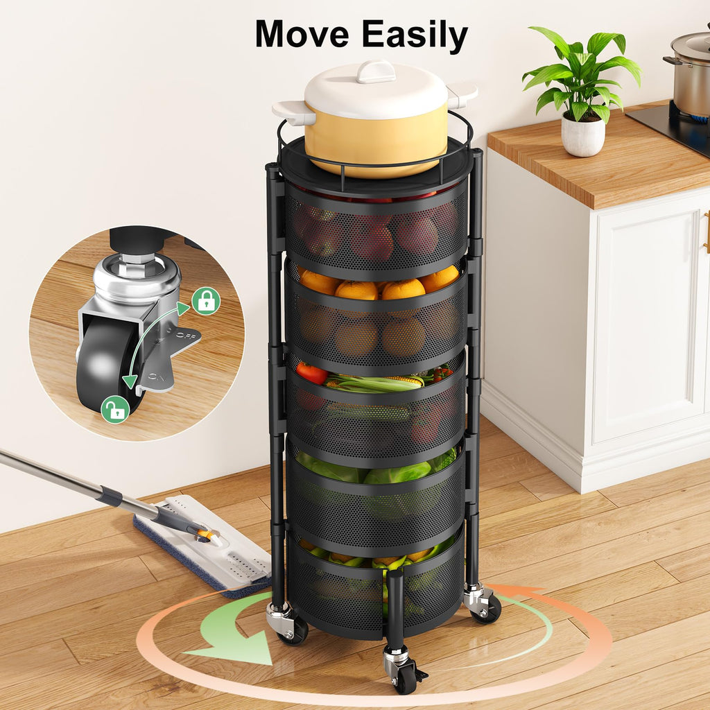 SAYZH 5 Tier Fruit Vegetable Basket Stand for Kitchen, Rotating, Black