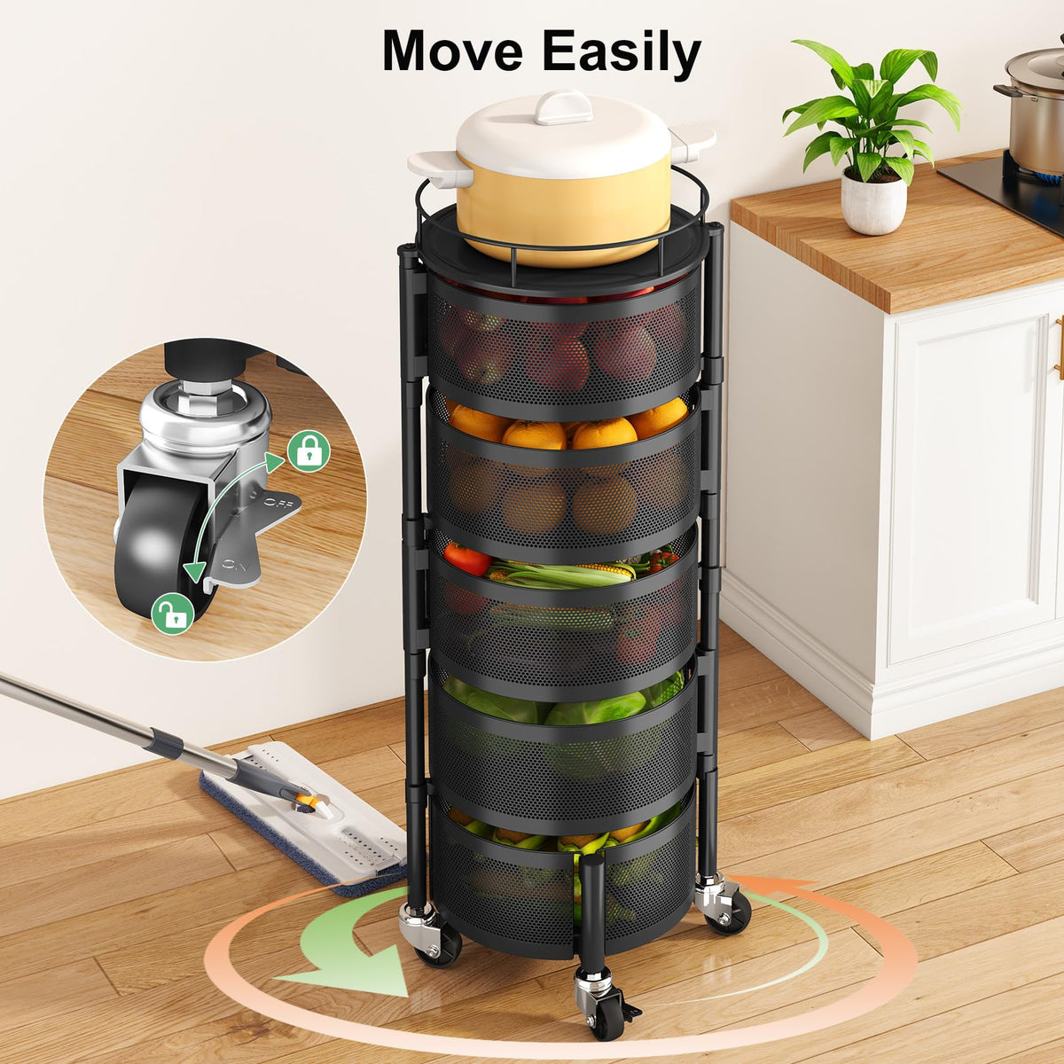 SAYZH 5 Tier Fruit Vegetable Basket Stand for Kitchen, Rotating, Black